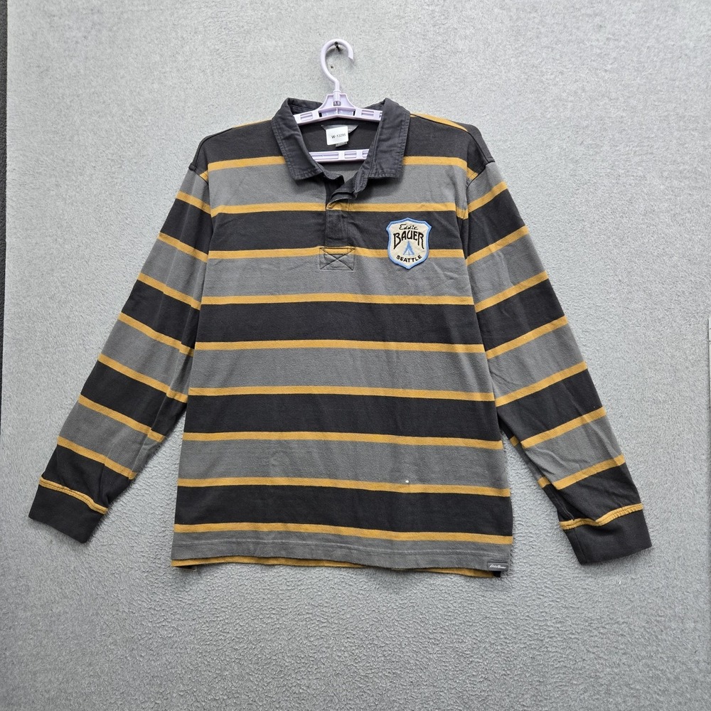 Eddie Bauer Men Polo XL Gray Rugby Shirt Embroidered Striped Shield Patch READ